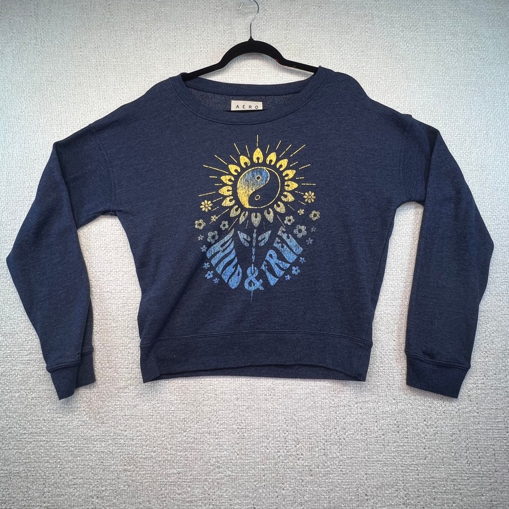 AERO Womens Long Sleeve Graphic Sweatshirt Yin Yang Sun‎ Flowers Blue L